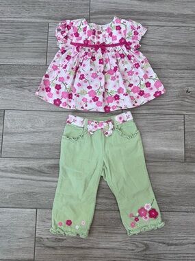 Gymboree Pink & Green Flower Shirt/Pant 2pc Set, Baby Girl Size 12-18m